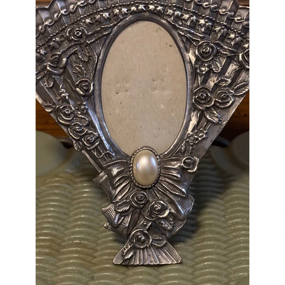 Vintage Fan Shaped Pewter Tone Metal Photo Frame Rose Floral Faux Pearl Accent